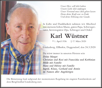Traueranzeige von Karl Wüstner von Der Westallgäuer