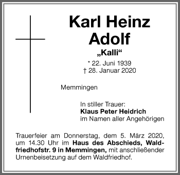 Traueranzeige von Karl Heinz Adolf von Memminger Zeitung