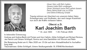 Traueranzeige von Karl Joachim Barth von Allgäuer Anzeigeblatt