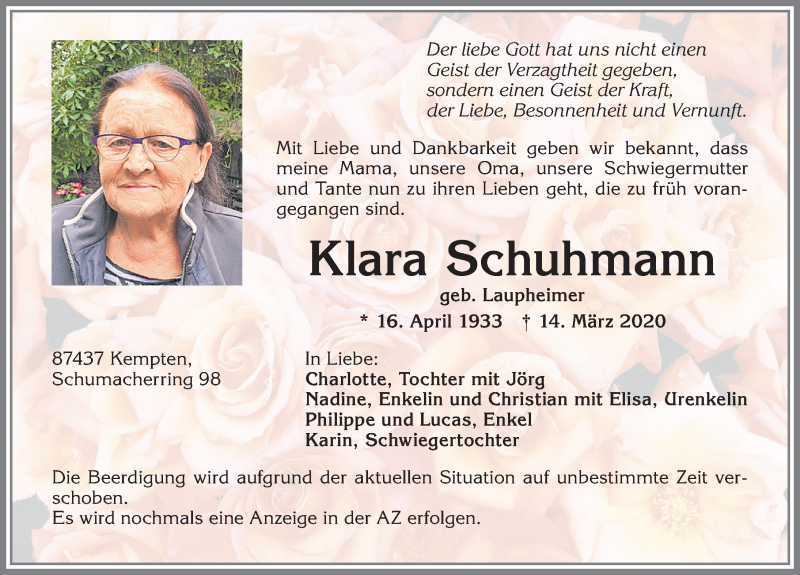  Traueranzeige für Klara Schuhmann vom 21.03.2020 aus Allgäuer Zeitung, Gesamtausgabe
