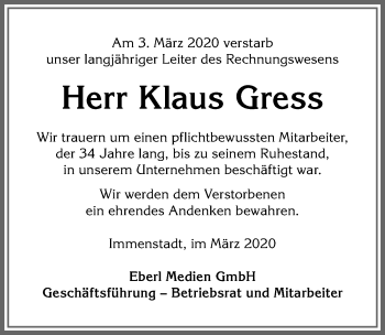 Traueranzeige von Klaus Gress von Allgäuer Anzeigeblatt