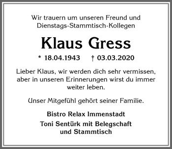 Traueranzeige von Klaus Gress von Allgäuer Anzeigeblatt
