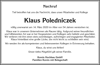 Traueranzeige von Klaus Poledniczek von Allgäuer Zeitung, Kaufbeuren/Buchloe