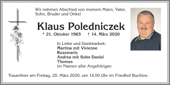 Traueranzeige von Klaus Poledniczek von Allgäuer Zeitung, Kaufbeuren/Buchloe