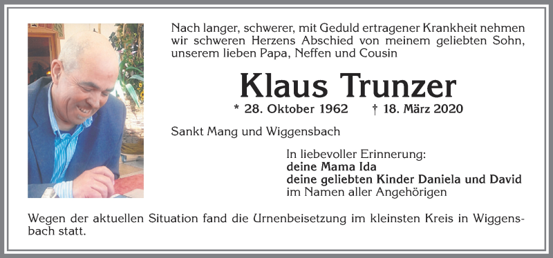  Traueranzeige für Klaus Trunzer vom 26.03.2020 aus Allgäuer Zeitung,Kempten