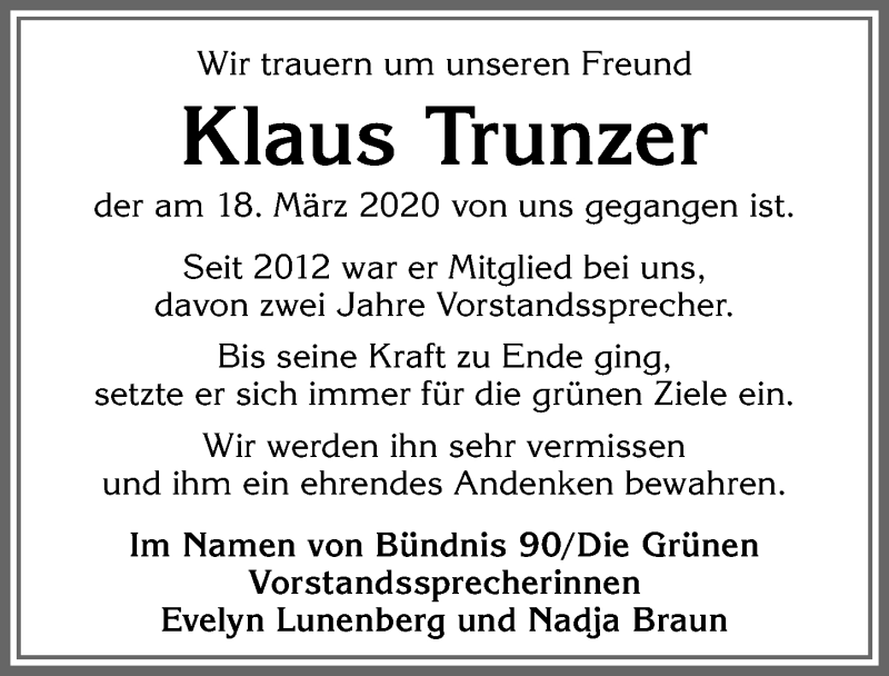  Traueranzeige für Klaus Trunzer vom 26.03.2020 aus Allgäuer Zeitung,Kempten