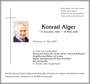 Traueranzeige von Konrad Alger von Allgäuer Anzeigeblatt