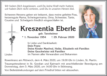 Traueranzeige von Kreszentia Eberle von Allgäuer Zeitung, Kaufbeuren/Buchloe