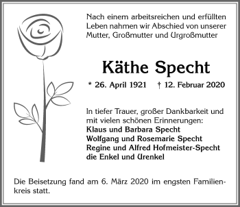 Traueranzeige von Käthe Specht von Allgäuer Zeitung,Kempten