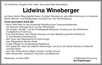 Traueranzeige von Lidwina Wineberger von Memminger Zeitung