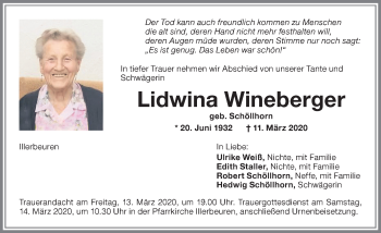 Traueranzeige von Lidwina Wineberger von Memminger Zeitung