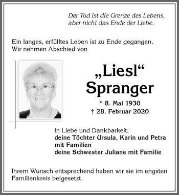 Traueranzeige von Liesl Spranger von Allgäuer Zeitung,Kempten
