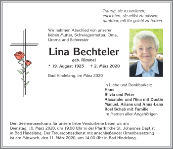 Traueranzeige von Lina Bechteler von Allgäuer Anzeigeblatt
