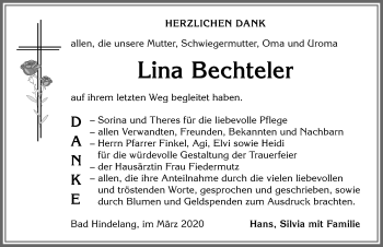 Traueranzeige von Lina Bechteler von Allgäuer Anzeigeblatt