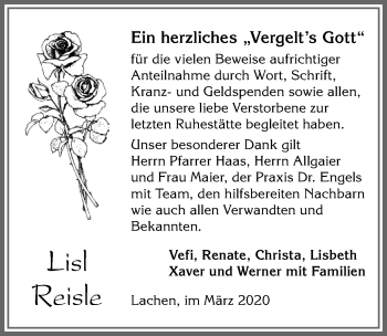 Traueranzeige von Lisl Reisle von Allgäuer Zeitung, Füssen