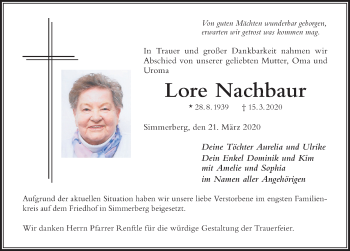 Traueranzeige von Lore Nachbaur von Der Westallgäuer