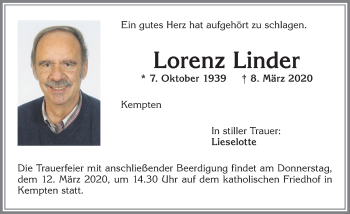 Traueranzeige von Lorenz Linder von Allgäuer Zeitung,Kempten