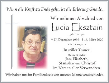 Traueranzeige von Lucia Eksztain von Allgäuer Zeitung, Füssen