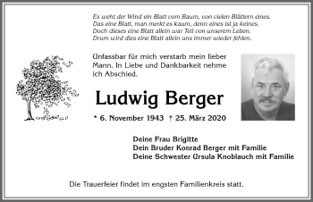 Traueranzeige von Ludwig Berger von Allgäuer Anzeigeblatt