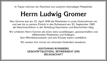 Traueranzeige von Ludwig Gromer von Allgäuer Zeitung, Marktoberdorf
