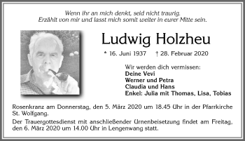 Traueranzeige von Ludwig Holzheu von Allgäuer Zeitung, Marktoberdorf