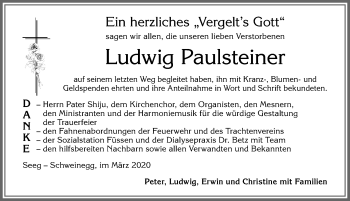 Traueranzeige von Ludwig Paulsteiner von Allgäuer Zeitung, Füssen