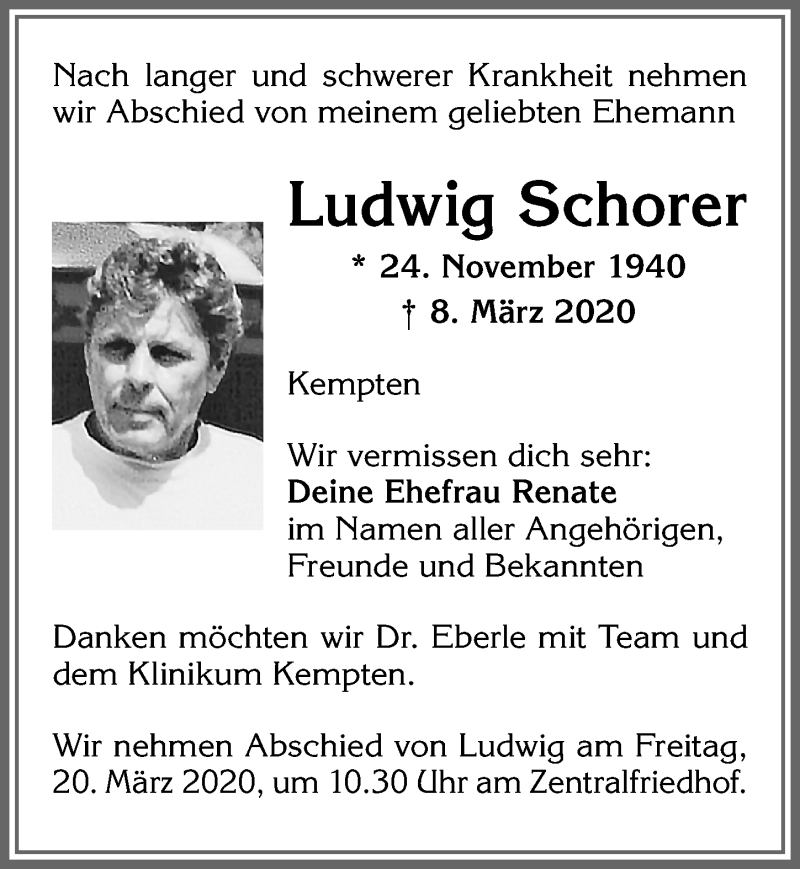  Traueranzeige für Ludwig Schorer vom 14.03.2020 aus Allgäuer Zeitung,Kempten