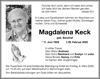 Traueranzeige von Magdalena Keck von Memminger Zeitung