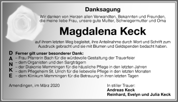 Traueranzeige von Magdalena Keck von Memminger Zeitung