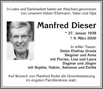Traueranzeige von Manfred Dieser von Allgäuer Zeitung, Kaufbeuren/Buchloe