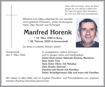 Traueranzeige von Manfred Horenk von Allgäuer Anzeigeblatt