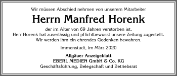 Traueranzeige von Manfred Horenk von Allgäuer Anzeigeblatt