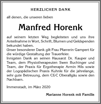 Traueranzeige von Manfred Horenk von Allgäuer Anzeigeblatt