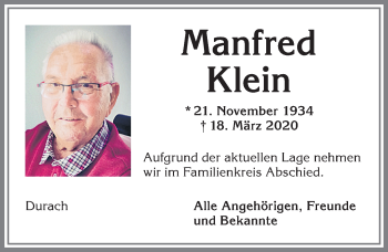 Traueranzeige von Manfred Klein von Allgäuer Zeitung,Kempten