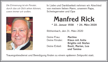 Traueranzeige von Manfred Rick von Allgäuer Zeitung