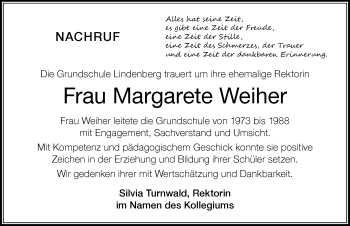 Traueranzeige von Margarete Weiher von Der Westallgäuer