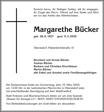 Traueranzeige von Margarethe Bücker von Allgäuer Anzeigeblatt
