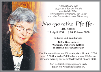 Traueranzeige von Margarethe Pfeiffer von Allgäuer Zeitung, Füssen