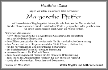 Traueranzeige von Margarethe Pfeiffer von Allgäuer Zeitung, Füssen