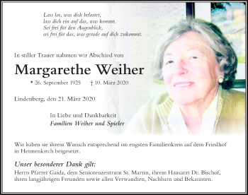 Traueranzeige von Margarethe Weiher von Der Westallgäuer