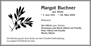 Traueranzeige von Margot Buchner von Allgäuer Anzeigeblatt