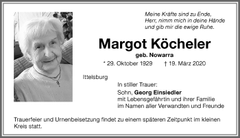 Traueranzeige von Margot Köcheler von Memminger Zeitung