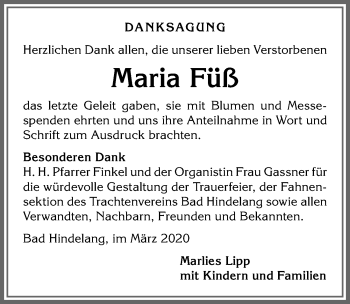 Traueranzeige von Maria Füß von Allgäuer Anzeigeblatt
