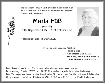 Traueranzeige von Maria Füß von Allgäuer Anzeigeblatt