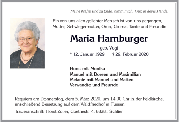 Traueranzeige von Maria Hamburger von Allgäuer Zeitung, Füssen