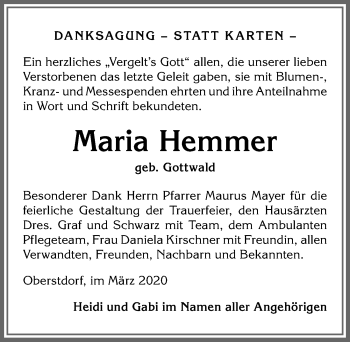 Traueranzeige von Maria Hemmer von Allgäuer Anzeigeblatt