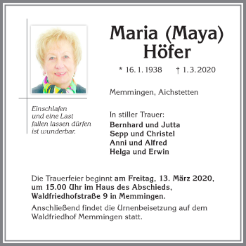 Traueranzeige von Maria Höfer von Memminger Zeitung