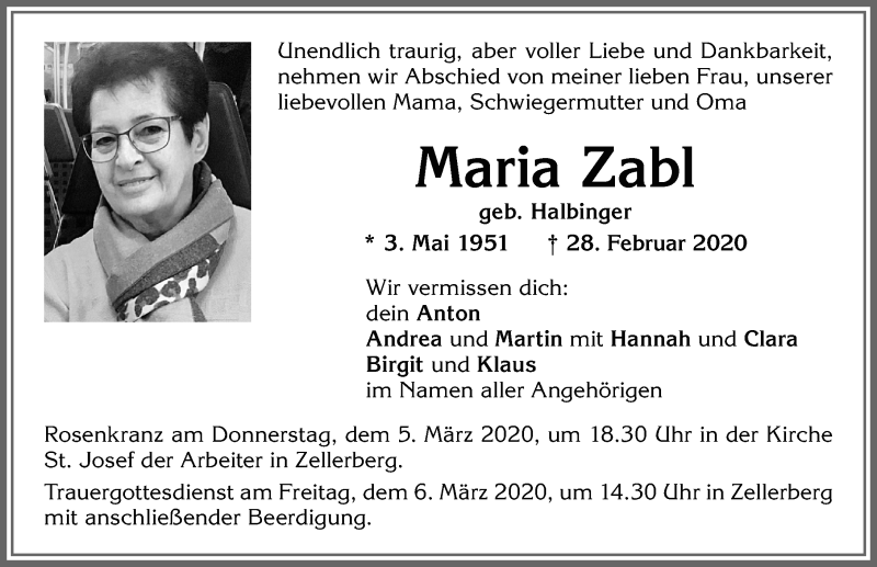  Traueranzeige für Maria Zabl vom 03.03.2020 aus Allgäuer Zeitung, Kaufbeuren/Buchloe