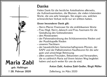 Traueranzeige von Maria Zabl von Allgäuer Zeitung, Kaufbeuren/Buchloe