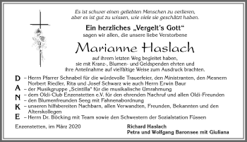 Traueranzeige von Marianne Haslach von Allgäuer Zeitung